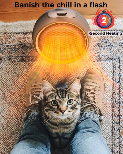 Cozy Plug-In Space Heater With 2 Second Fast Heating And PTC Ceramic next to person with cat on carpeted floor.