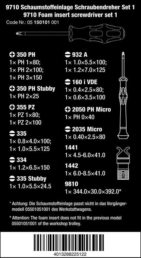 9710 18 Piece Foam Insert Screwdriver Set With Durable Dual Color Foam Organizer package label showing tool specifications