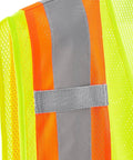 Close-up of Class Two High Visibility Safety Vest Zip Front Two Pockets Lime Mesh Reflective Workwear showing bright orange and yellow fabric.