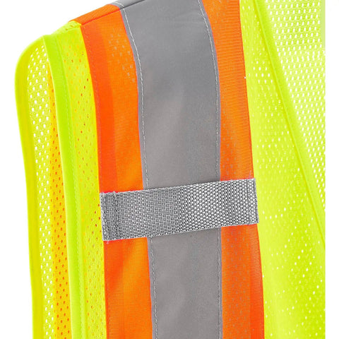 Close-up of Class Two High Visibility Safety Vest Zip Front Two Pockets Lime Mesh Reflective Workwear showing bright orange and yellow fabric.