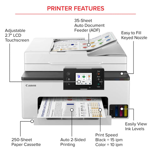 All-In-One Wireless Color Printer With Refillable Ink Tank System, Duplex Printing, Auto Document Feeder, 2.7 Inch Color Touchscreen
