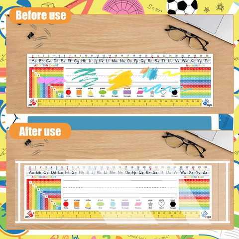 Clear Self Adhesive Desk Name Tag Pockets 40 Pack 14.5 By 4.3 Inch Thick Reusable Plastic Nameplate Sleeves on classroom desk