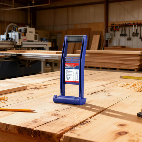 Front view of a blue WORKPRO drywall carrier on a wooden workbench; 176 lbs capacity.