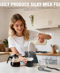 Person using Cafe Quality Home Coffee Bar 350ml Milk Frother And Steamer With Four Modes For Hot And Cold Foam Durable Nonstick Design