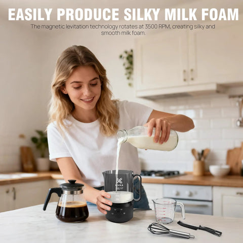 Person using Cafe Quality Home Coffee Bar 350ml Milk Frother And Steamer With Four Modes For Hot And Cold Foam Durable Nonstick Design