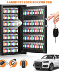 144 Key Safe Cabinet Fireproof Lock Box With Key Tags, open view with 144 colored key tags, car key and vehicle shown
