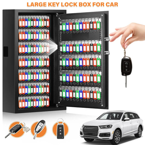 144 Key Safe Cabinet Fireproof Lock Box With Key Tags, open view with 144 colored key tags, car key and vehicle shown