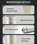 Detailed features of Professional XLR Condenser Microphone With 34mm Large Diaphragm Cardioid Pattern for singing, podcasting