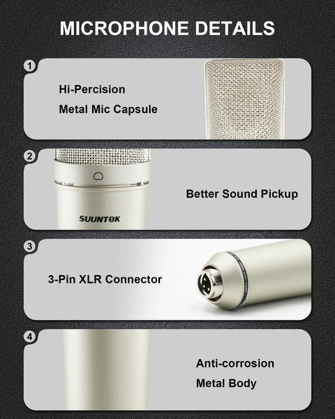 Detailed features of Professional XLR Condenser Microphone With 34mm Large Diaphragm Cardioid Pattern for singing, podcasting