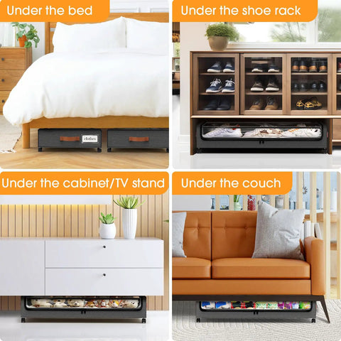 Under Bed Storage Drawers 2 Pack With Rolling Wheels And Leather Handles, shown under bed, shoe rack, cabinet, and couch