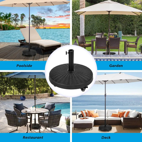 Collage of 52lb heavy-duty umbrella base with brakeable wheels on deck, poolside, garden, and restaurant settings.