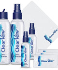ClearView Lens Cleaner Kit with four spray bottles and four microfiber cloths; blue branding on bottles.