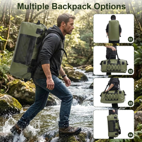 Man crossing stream with Heavy Duty 70L Roll Top Waterproof Duffel Bag for kayaking, rafting, camping, and motorcycle rides on back