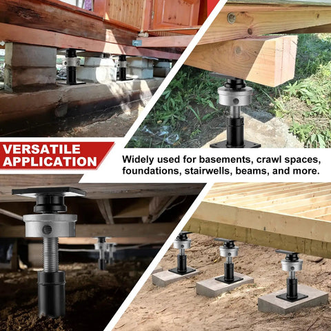 Heavy Duty Adjustable Screw Jacks For Home Leveling With Built Tough Steel Frames Holding 22046 Lbs Plus Hassle Free Aluminum Turning Wheels for foundation repair under a wooden structure.