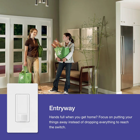 Motion Sensor Light Switch Indoor For Bathroom, Garage, Laundry Room And Closet, Occupancy Sensor, Single Pole, No Neutral, Model MS OPS5MH WH 2 Pack in entryway with people entering.