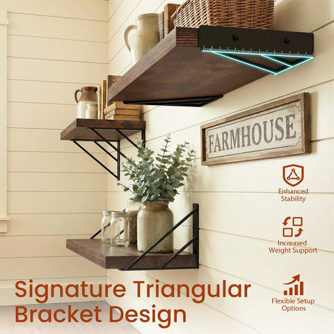 Rustic Wood Floating Wall Shelves Set of Four Corner Shelves featuring farmhouse decor in living room with sturdy mounts