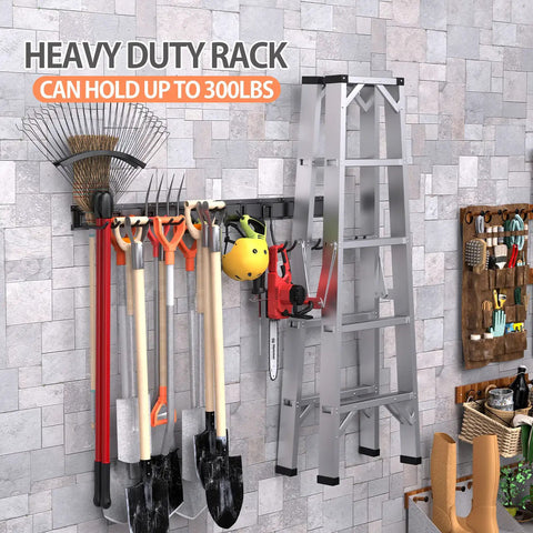 64 Inch Adjustable Garage Tool Organizer Wall Mounted Storage System With 10 Hooks holding shovels, rakes, ladder