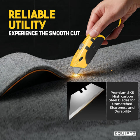 Auto Reload Utility Knife With 10 Preloaded SK5 Blades cutting carpet, showcasing sharp blade and ergonomic design.