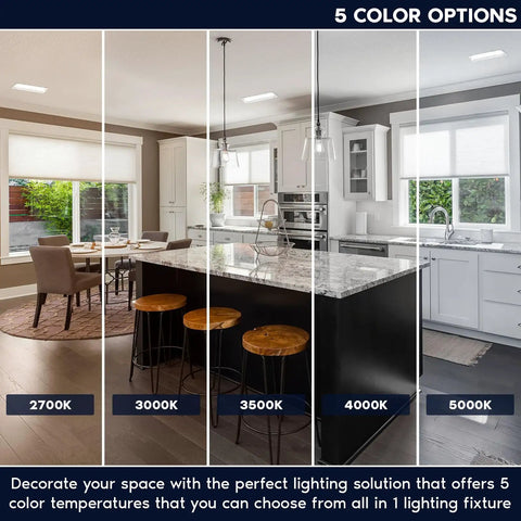 Sleek Quad Head Recessed LED Spotlight With Fully Adjustable 360 Degree Gimbal And 15 Degree Tilt, 5CCT Tuning From Cozy To Crisp, Super Bright 60W 4000 Lumens CRI90, Smooth Dual Dimmable Rectangular Ceiling Light In Clean White Finish (Pack Of Two) displayed in kitchen with five color temperature options.