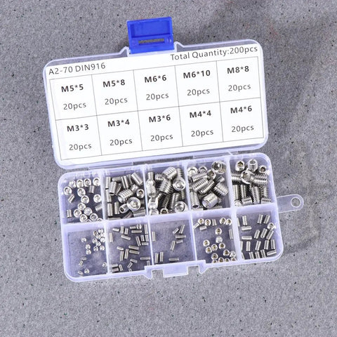 Stainless Steel Hex Socket Grub Screws Kit 200 Piece Assortment For Heavy Duty Gear Locating With Flat Point and Headless Design Pro Grade High Tensile Strength and Galling Resistance for Industrial Use Includes M5, case with sizes M3-M8