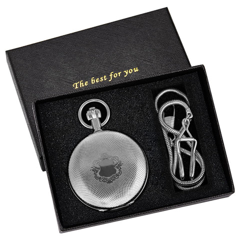 Silver Shield Mechanical Pocket Watch For Men With Double Cover Roman Numeral Dial Chain Included Vintage Dress Timepiece For Everyday Carry in gift box