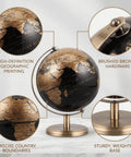 6 Inch World Globe With Antique Bronze Stand Dope Black And Gold Earth Desktop Decor featuring geographic details.