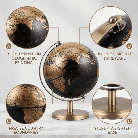 6 Inch World Globe With Antique Bronze Stand Dope Black And Gold Earth Desktop Decor featuring geographic details.