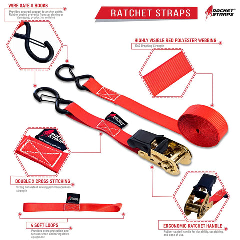 Beefy 4 Pack Ratchet Tie Down Straps With 1 Inch By 17 Feet Length, 2,200 Pound Break Strength, Safety Lock S Hooks, Ergonomic Handle