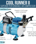 Cool Runner II Airbrush Kit With Dual Fan Compressor for Pro Level Finishes, features 1/5 HP motor, double airbrush holder.