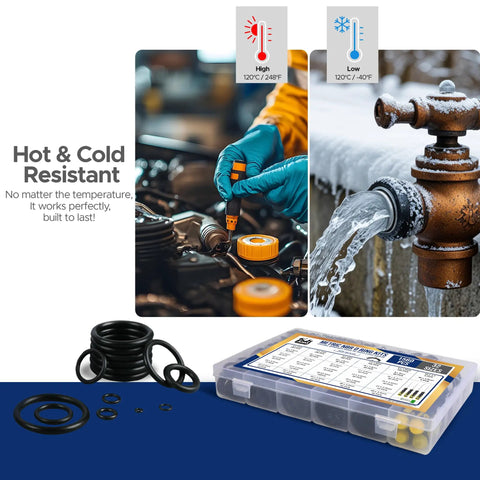 Ultimate O Ring Kit With 1560 Pcs Across 32 Sizes Nitrile Rubber Assortment Plus 4 Hook Set and Grease Tube in use for temperature-resistant sealing in automotive and plumbing.