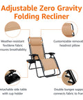 Outdoor Zero Gravity Lounge Chairs Set With Cup Holders And Side Table, Adjustable Reclining Headrest Pillow, Weatherproof Textilene Beige 2 Pack