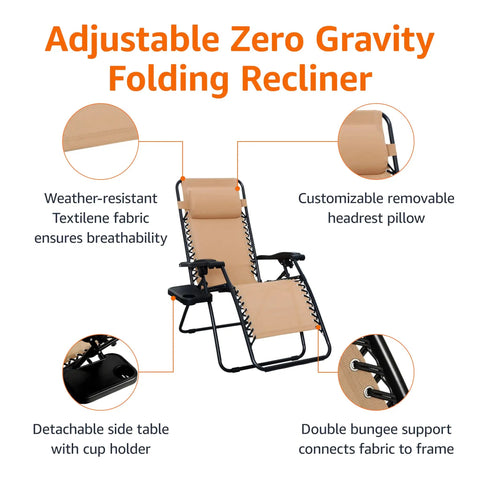 Outdoor Zero Gravity Lounge Chairs Set With Cup Holders And Side Table, Adjustable Reclining Headrest Pillow, Weatherproof Textilene Beige 2 Pack