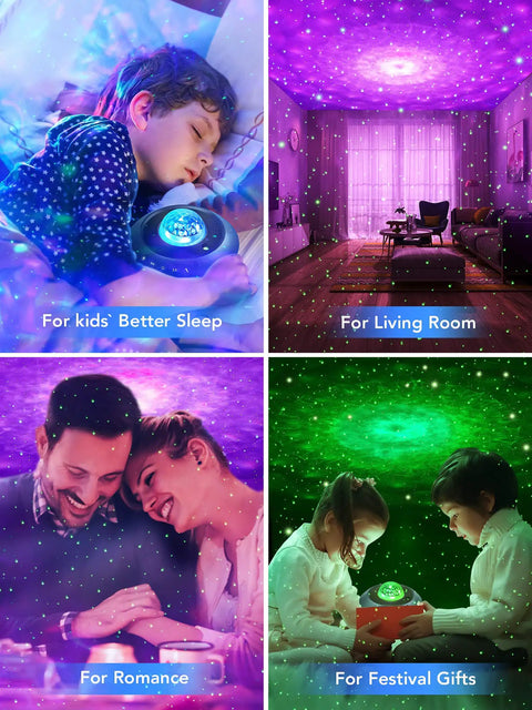 Collage showing uses of Galaxy Projector For Bedroom With Bluetooth Speaker Dope Light Show And 41 Sky Modes Remote Control
