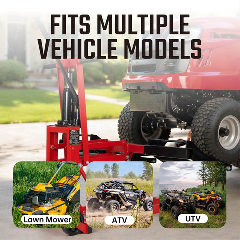 Heavy Duty 750Lb Capacity Hydraulic Riding Lift Jack For Tractors AtVs And Zero Turn Lawn Mowers Adjustable Height With Safety Lock shown lifting a lawn mower, ATV, and UTV.