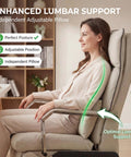 Woman sitting in Dual Motor Executive Reclining Office Chair With Footrest And Massage Lumbar Support One Click Electric Recline From 90 To 170 Degrees Comfy Big And Tall PU Leather Ergonomic Desk Chair For Home Office And Gaming White, showing enhanced lumbar support with adjustable pillow for perfect posture.