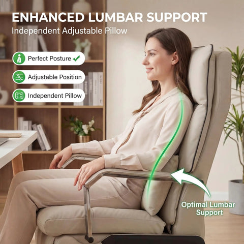 Woman sitting in Dual Motor Executive Reclining Office Chair With Footrest And Massage Lumbar Support One Click Electric Recline From 90 To 170 Degrees Comfy Big And Tall PU Leather Ergonomic Desk Chair For Home Office And Gaming White, showing enhanced lumbar support with adjustable pillow for perfect posture.