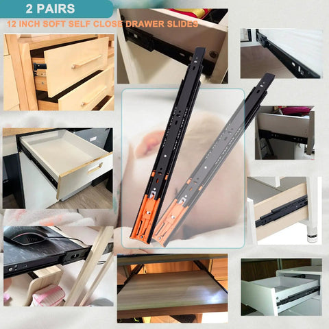 12 Inch Soft Close Drawer Slides Set Built To Last Heavy Duty Stainless Steel Full Extension Ball Bearing Glides Two Pairs 100 Pound Capacity for kitchen and bathroom cabinets
