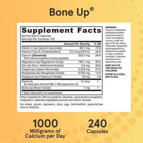 BoneUp For Bone Density With Vitamin D3 And K2 Calcium Support Supplement 240 Capsules label showing supplement facts