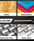 Image showing drill bit cutting through wood, plastic, aluminum alloy, and sheet metal with "13 Piece Titanium Coated HSS Drill Bit Set With 1 Eighth Inch Twist Hex Shank Pro Grade Quick Change, 135 Degree Tips, Impact Driver Bits For Wood Metal Plastic, Self Centering And Fast Cutting" headline.