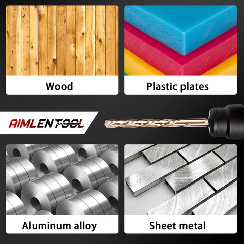 Image showing drill bit cutting through wood, plastic, aluminum alloy, and sheet metal with "13 Piece Titanium Coated HSS Drill Bit Set With 1 Eighth Inch Twist Hex Shank Pro Grade Quick Change, 135 Degree Tips, Impact Driver Bits For Wood Metal Plastic, Self Centering And Fast Cutting" headline.