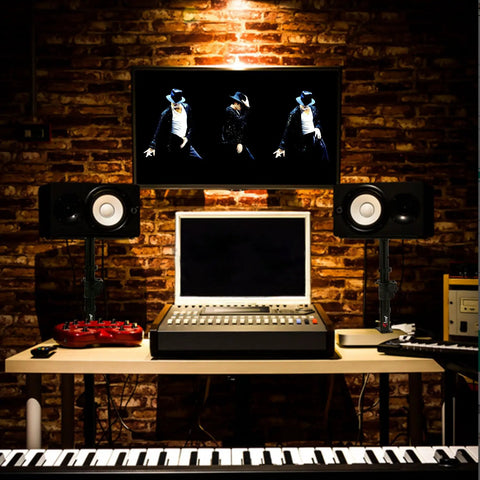 Clamp On Desk Speaker Stands For Dual Monitors, Height Adjustable Tilt, Desktop Mounts with speakers on a music production desk