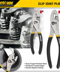 6 inch and 8 inch slip joint pliers with double-dipped handles for home DIY auto heavy-duty use, shown near engine parts.