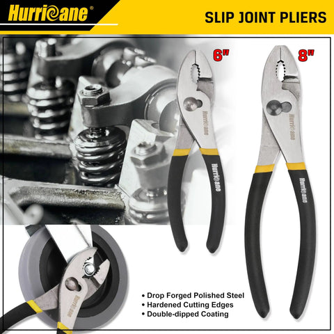 6 inch and 8 inch slip joint pliers with double-dipped handles for home DIY auto heavy-duty use, shown near engine parts.