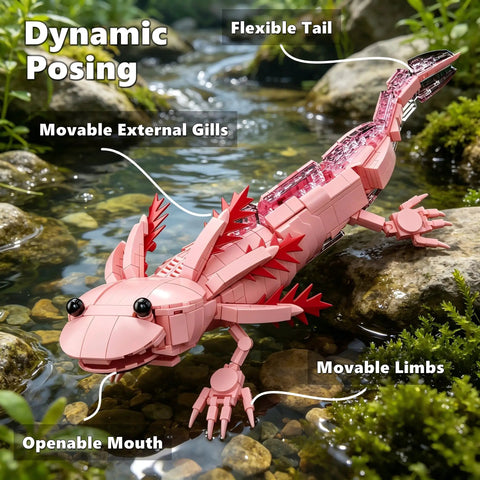 Ocean Animals Building Block Set Inspired By A Cute Amphibian, Totally Lego Compatible 998 Piece Model Kit With Movable Joints And Display Base For Home Office Desk Decor STEM Sea Toys Gift For Adults Teens And Boys 8 14, pink axolotl in stream
