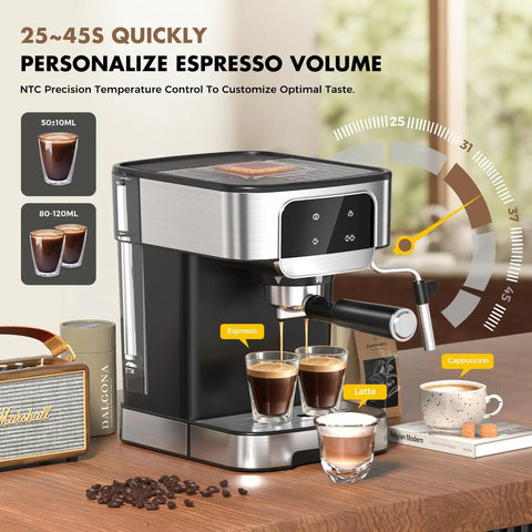 Compact Stainless Steel Espresso Machine With 20 Bar Pump And Built In Milk Frother For Creating Legit Barista Quality Lattes And Cappuccinos Right In Your Kitchen Using A Sleek Touch Display Black Edition brewing espresso and latte with microfoam.