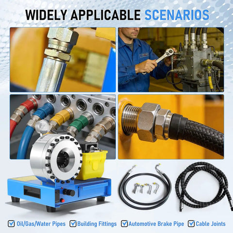 Heavy Duty Pneumatic Hydraulic Hose Crimper With Eight Interchangeable Dies For 3/8 To 1-1/4 Inch Hoses Pumping Out 40MPa used in various workshop scenarios.