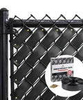 Obsidian Black Chain Link Fence Privacy Tape, 250 Ft Coverage, installed on fence; box and roll displayed.