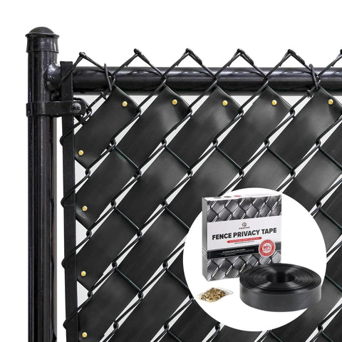 Obsidian Black Chain Link Fence Privacy Tape, 250 Ft Coverage, installed on fence; box and roll displayed.