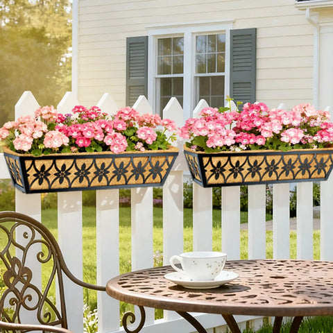 24 Inch Railing Planter Boxes 2 Pack With Adjustable Brackets And Coco Liners For Windows Deck Rails Balcony Outdoor Garden Decor Built Tough From Weatherproof Metal mounted on fence with flowers