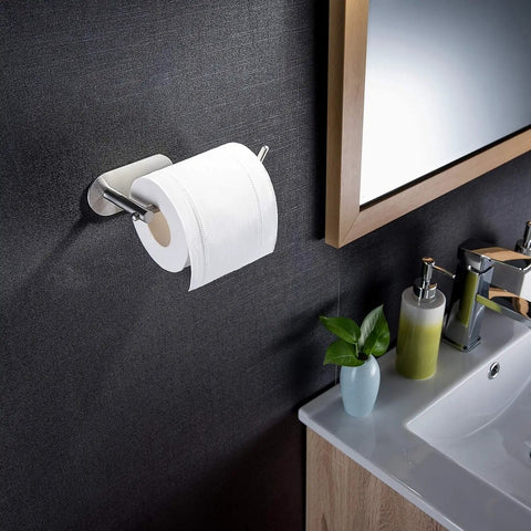 Self Adhesive Towel Ring And Hand Towel Holder For Bathroom And Kitchen No Drill SUS 304 Stainless Steel Brushed Finish Easy To Install Rust Resistant mounted on black wall above sink.